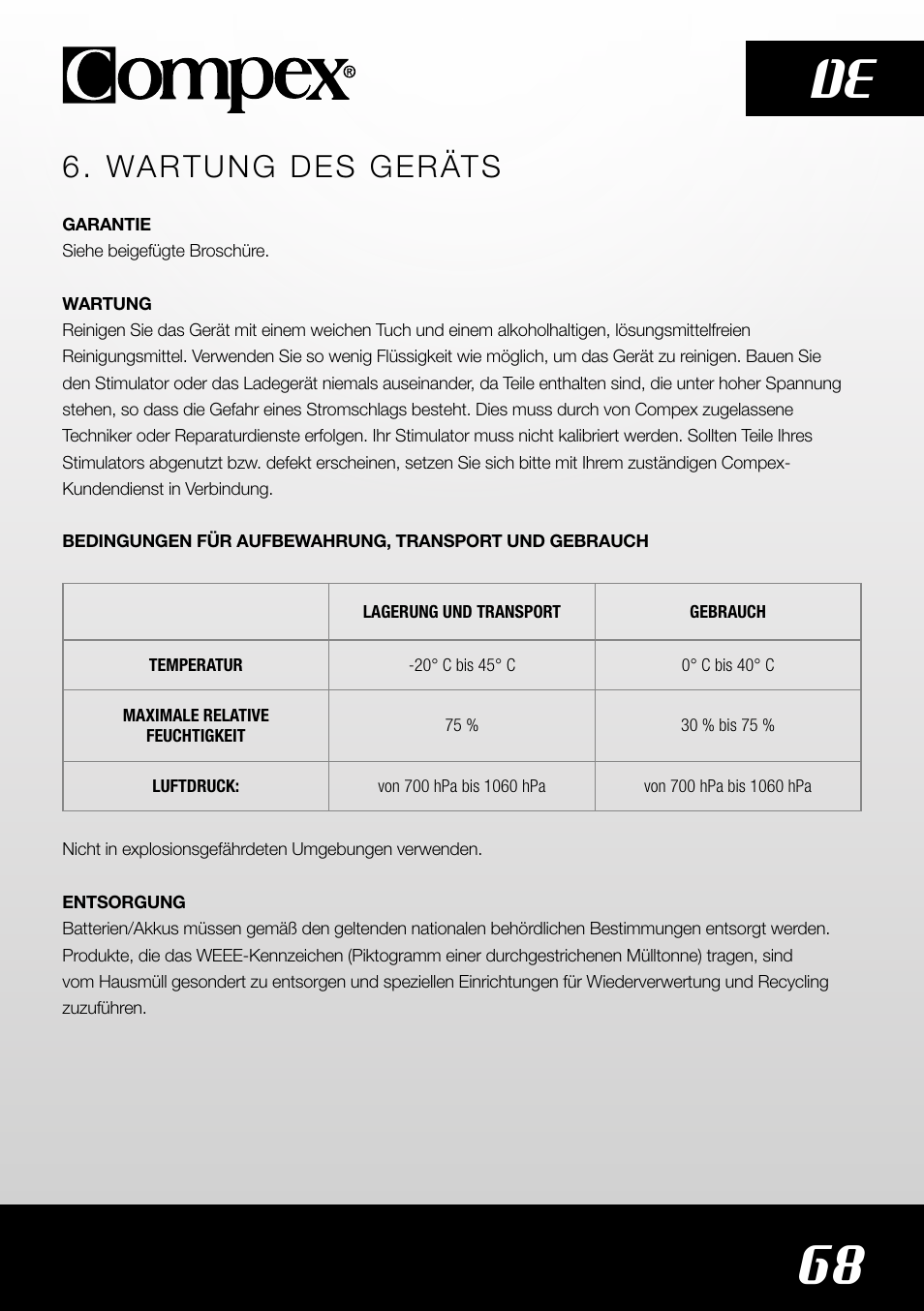 68 de, Wartung des geräts | Compex SP4.0 User Manual | Page 70 / 226