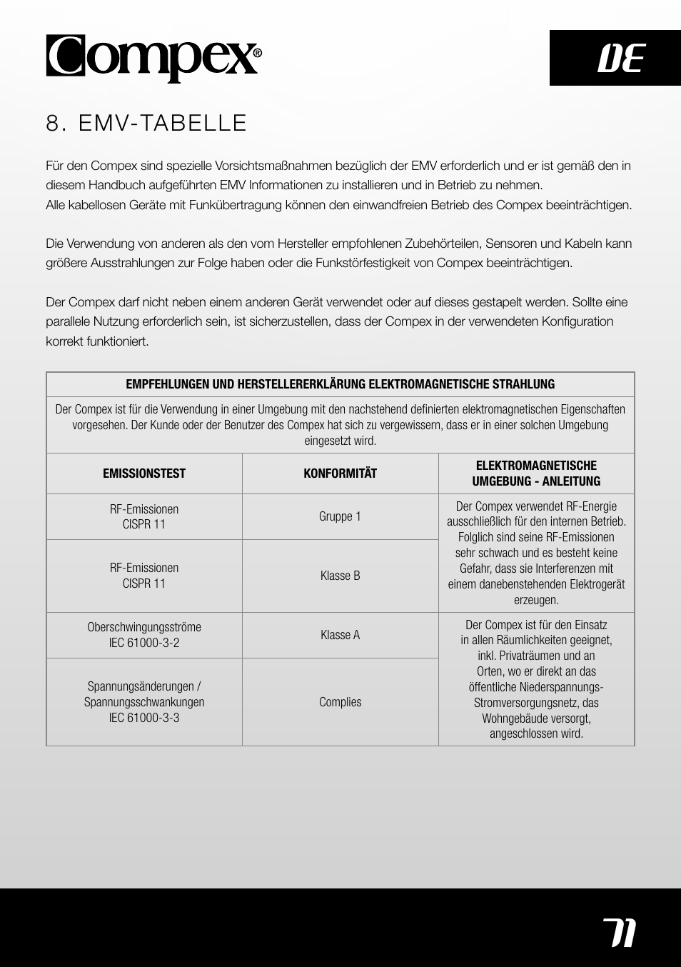 71 de, Emv-tabelle | Compex SP4.0 User Manual | Page 73 / 226