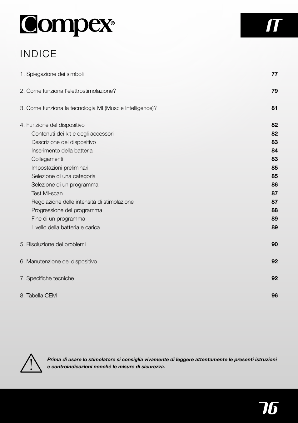 76 it, Indice | Compex SP4.0 User Manual | Page 78 / 226