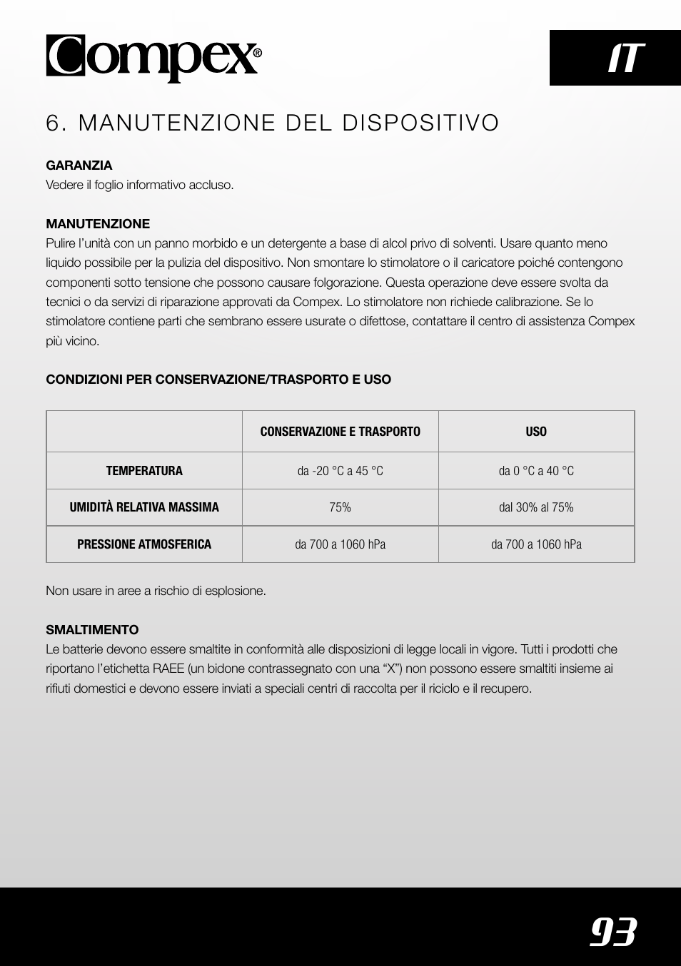 93 it, Manutenzione del dispositivo | Compex SP4.0 User Manual | Page 95 / 226