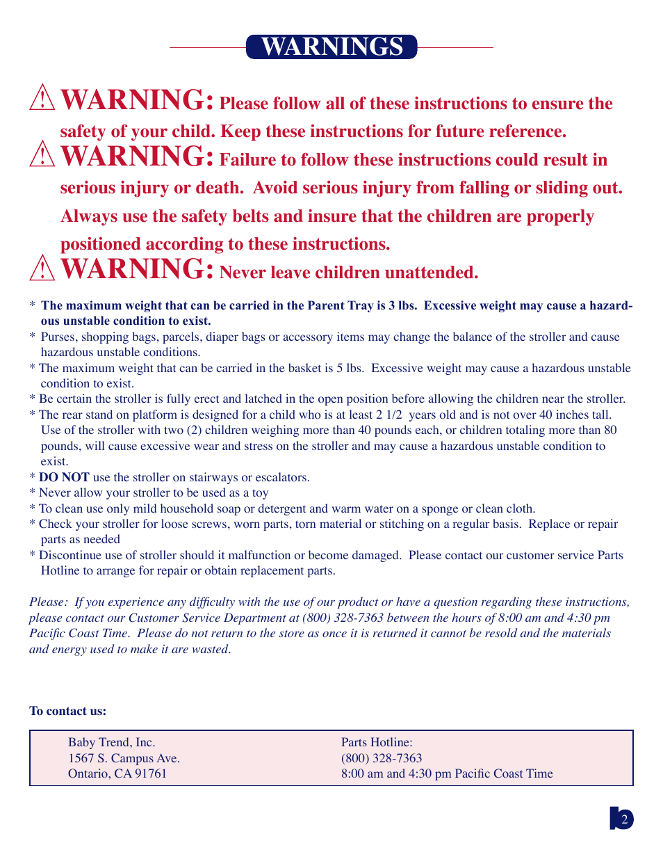 Warning, Warnings, Never leave children unattended | Baby Trend Sit N Stand Plus 7581 User Manual | Page 2 / 8