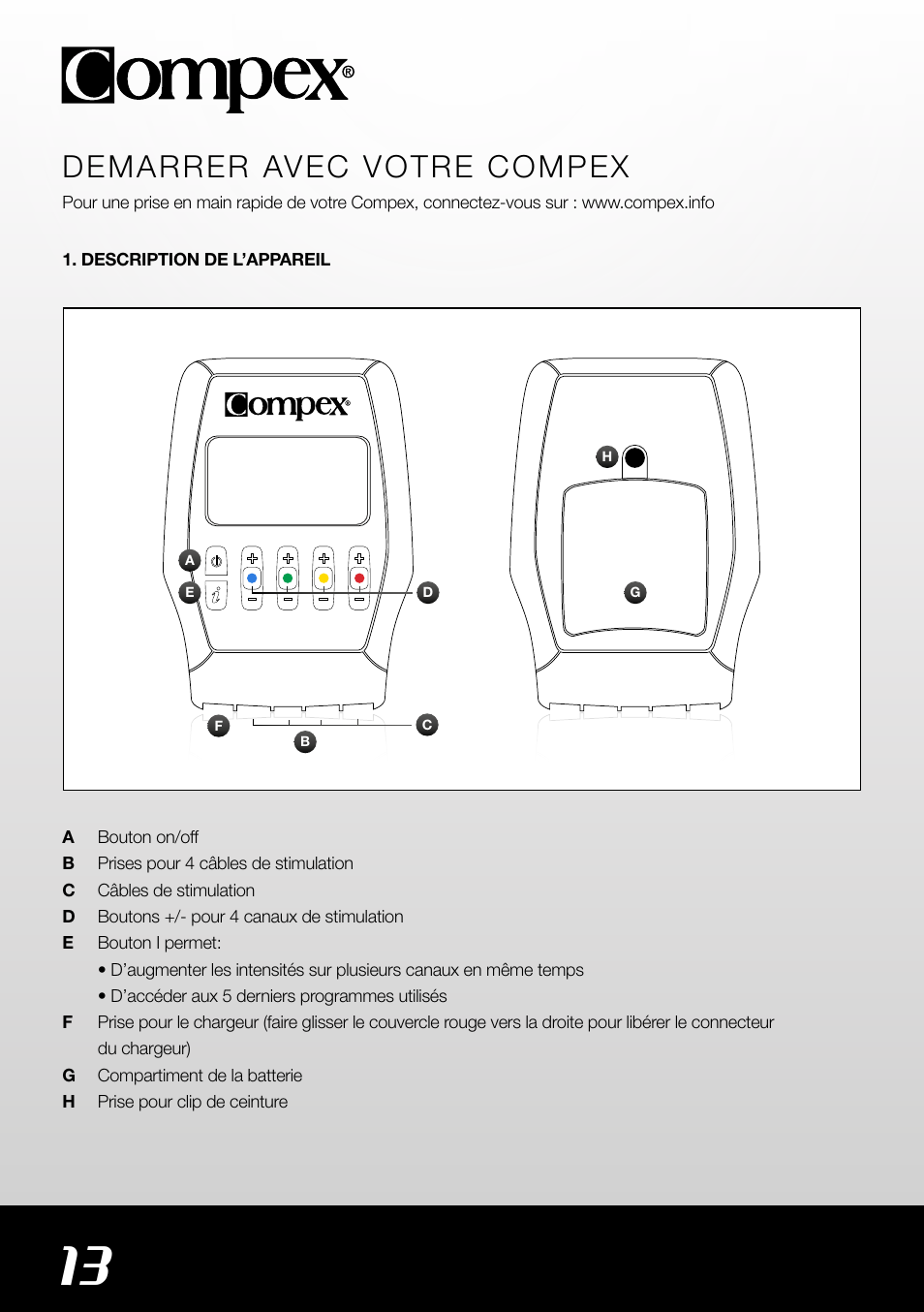 Demarrer avec votre compex | Compex SP4.0 User Manual | Page 14 / 76