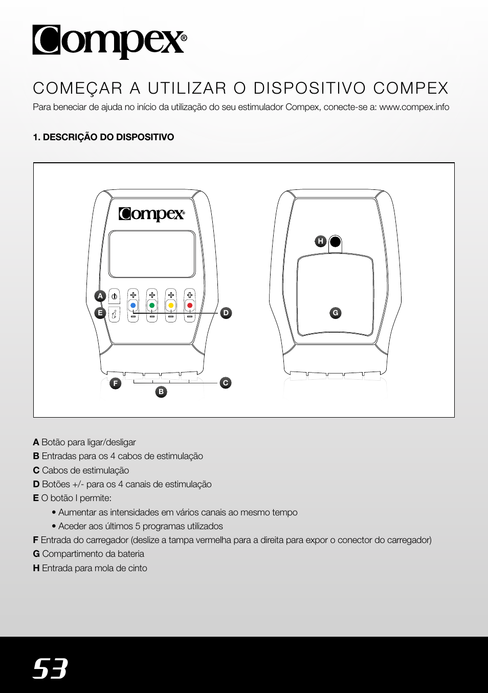 Começar a utilizar o dispositivo compex | Compex SP4.0 User Manual | Page 54 / 76