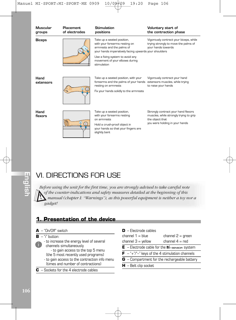 Vi. directions for use, En g lis h, Presentation of the device | Compex mi-Sport User Manual | Page 106 / 176