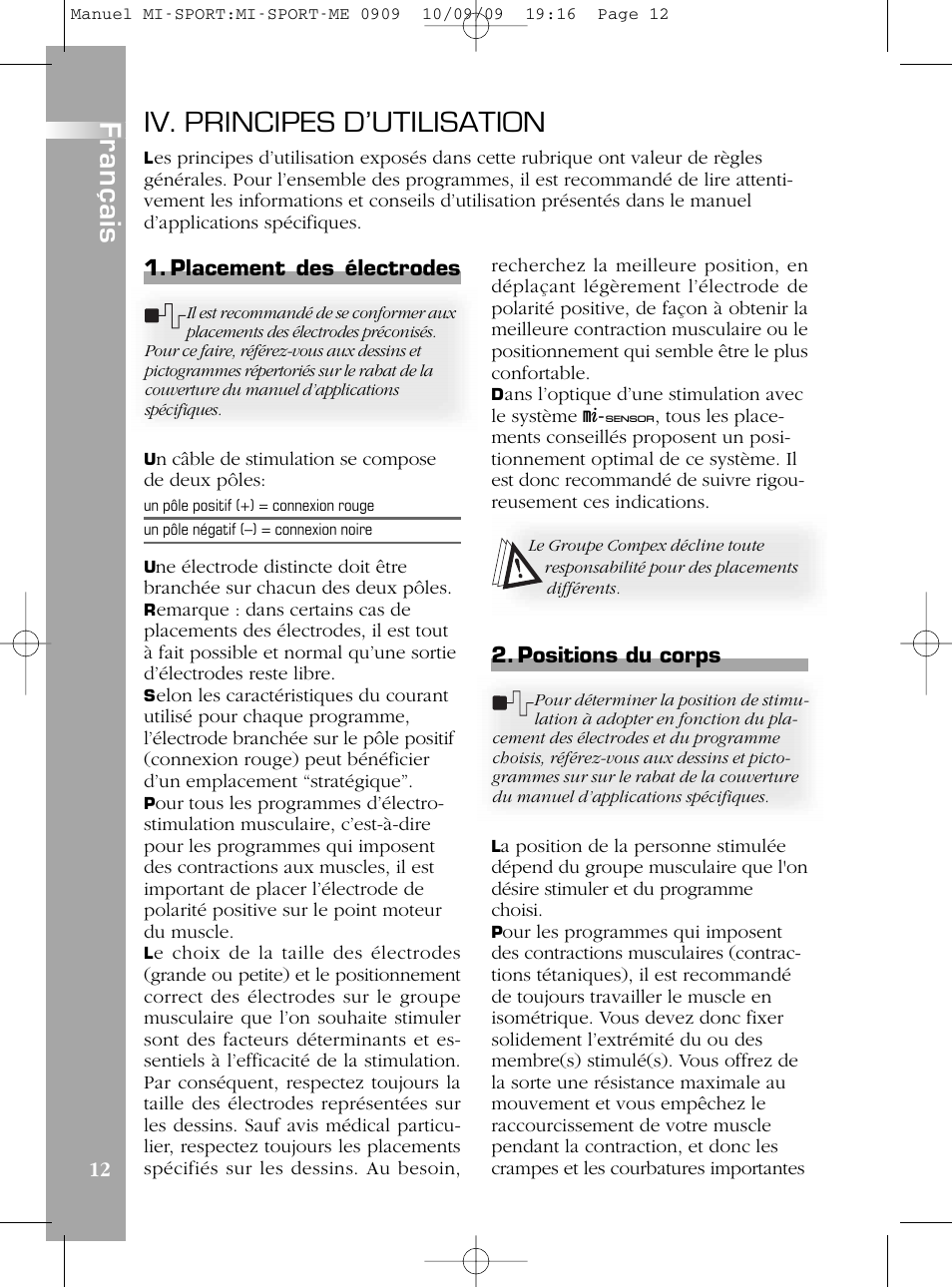 Iii. comment fonctionne l’électrostimulation, Iii. wie funktioniert die elektrostimulatio, Iii. come funziona l’elettrostimolazion | Iii. how does electrostimulation wor, Iii. ¿cómo funciona la electroestimulación, Iii. hoe werkt elektrostimulati, Mode d’emploi, Description de l’appareil, Iv. principes d’utilisation | Compex mi-Sport User Manual | Page 12 / 176