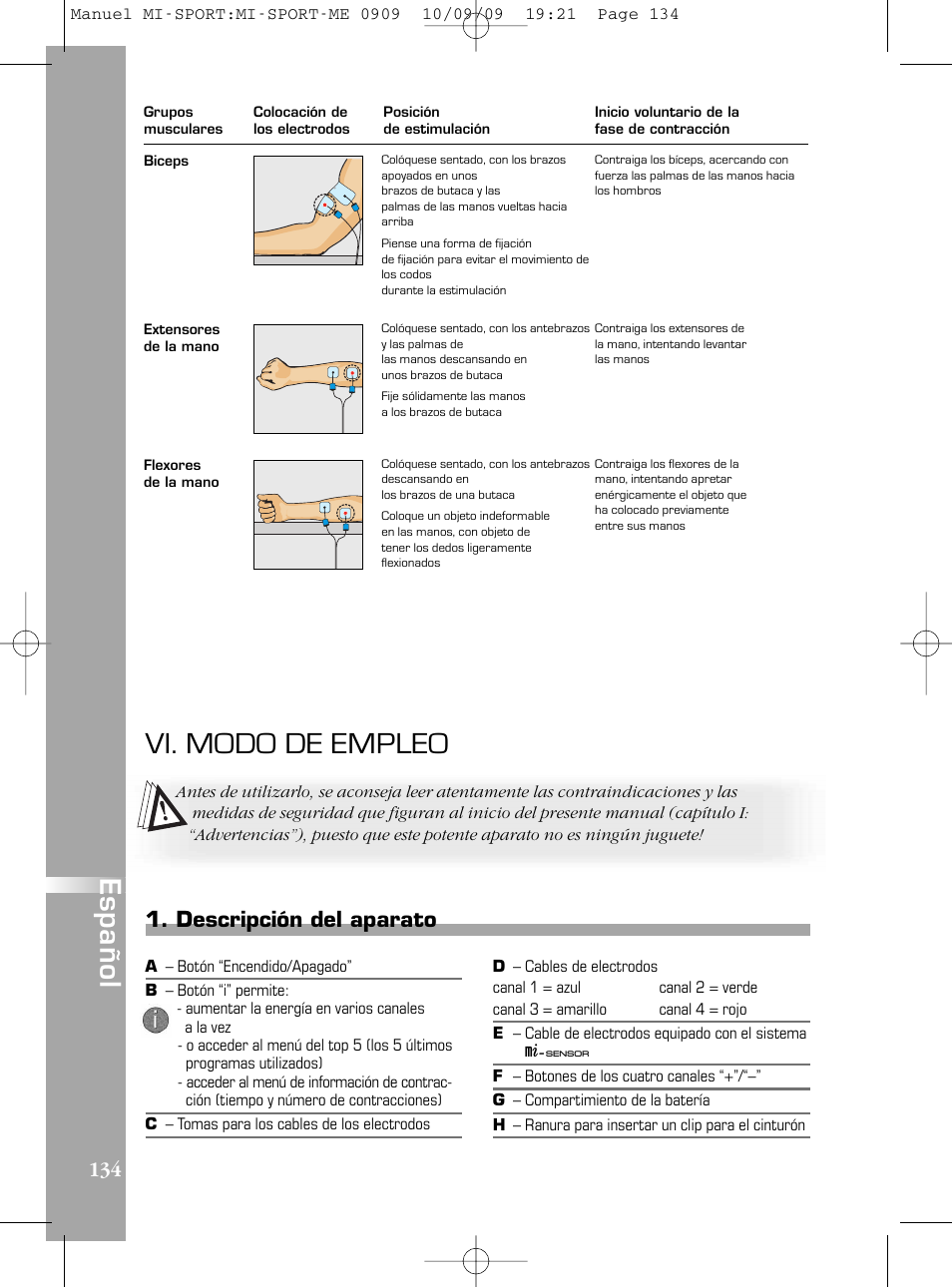 Vi. modo de empleo, Descripción del aparato | Compex mi-Sport User Manual | Page 134 / 176