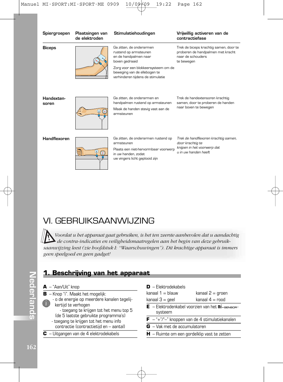 Vi. gebruiksaanwijzing, Beschrijving van het apparaat | Compex mi-Sport User Manual | Page 162 / 176