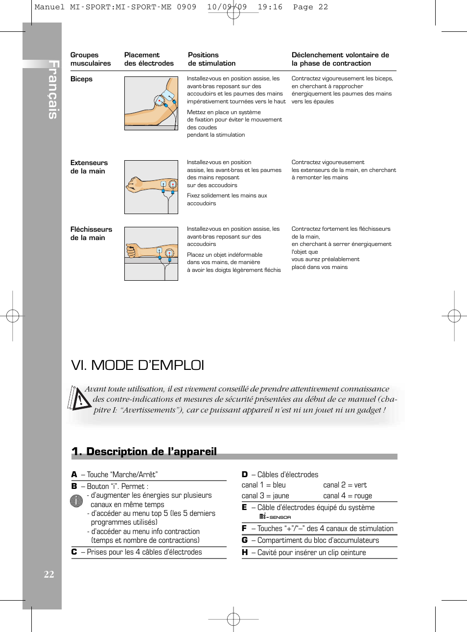 Vi. mode d’emploi, Description de l’appareil | Compex mi-Sport User Manual | Page 22 / 176