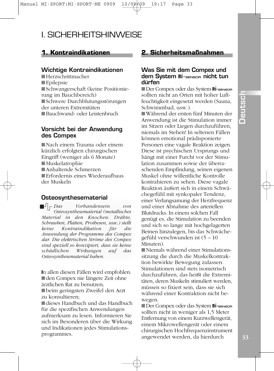 I. sicherheitshinweise, De u ts c h | Compex mi-Sport User Manual | Page 33 / 176