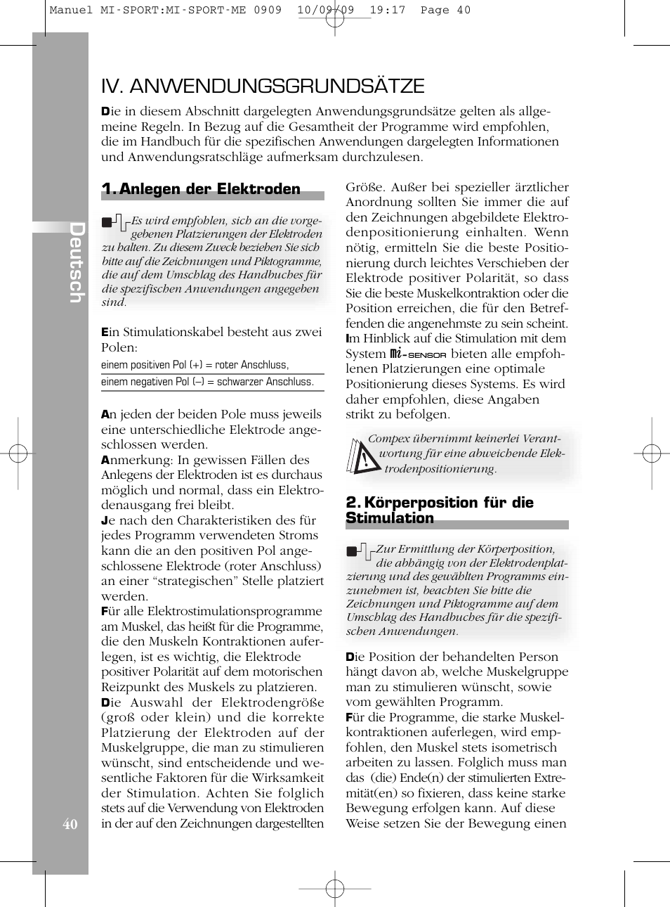 Iv. anwendungsgrundsätze, De u ts c h | Compex mi-Sport User Manual | Page 40 / 176