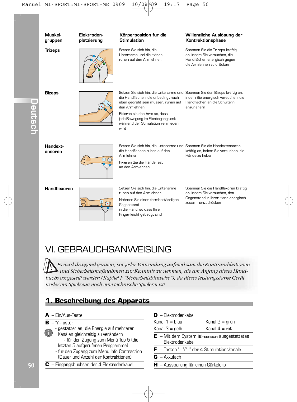 Vi. gebrauchsanweisung, De u ts c h, Beschreibung des apparats | Compex mi-Sport User Manual | Page 50 / 176