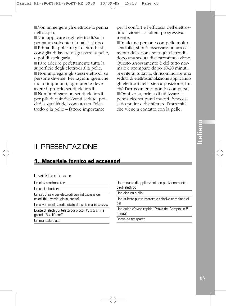 Ii. presentazione, It a li a n o | Compex mi-Sport User Manual | Page 63 / 176