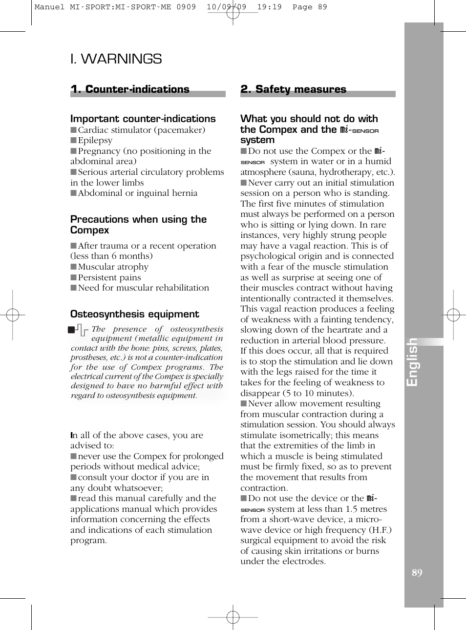 I. warnings, En g li s h | Compex mi-Sport User Manual | Page 89 / 176