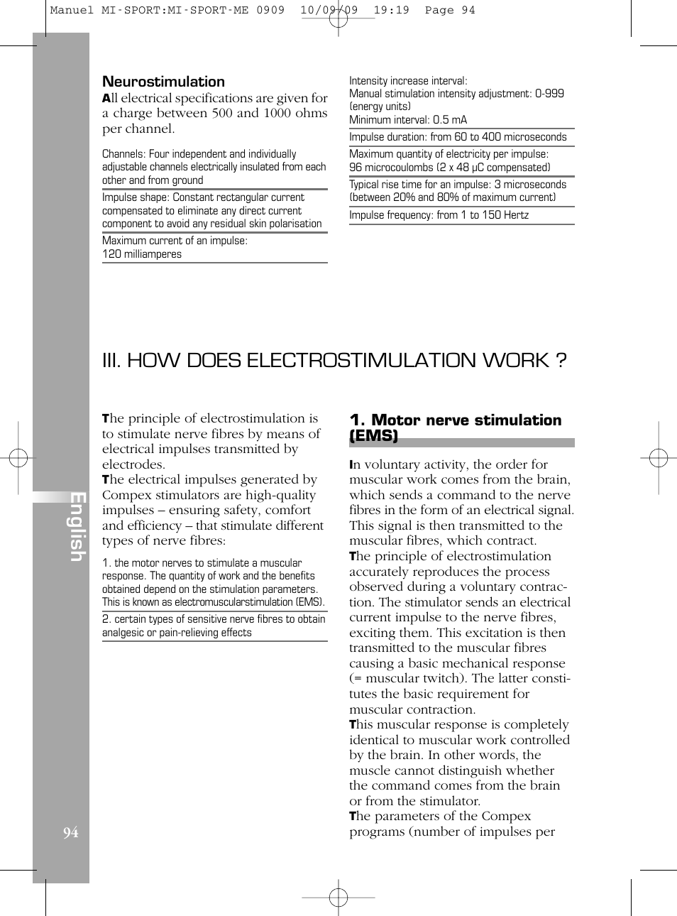 Iii. how does electrostimulation work, En g lis h | Compex mi-Sport User Manual | Page 94 / 176