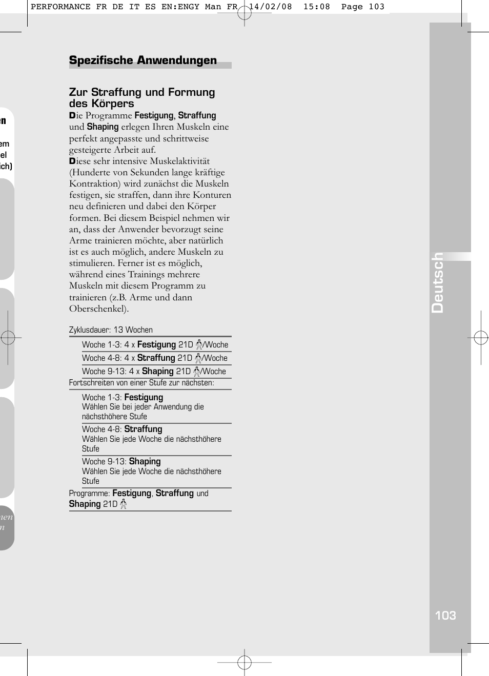 Deutsch, Spezifische anwendungen | Compex Performance User Manual | Page 105 / 313
