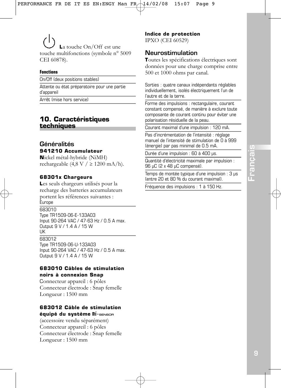 Français, Caractéristiques techniques | Compex Performance User Manual | Page 11 / 313