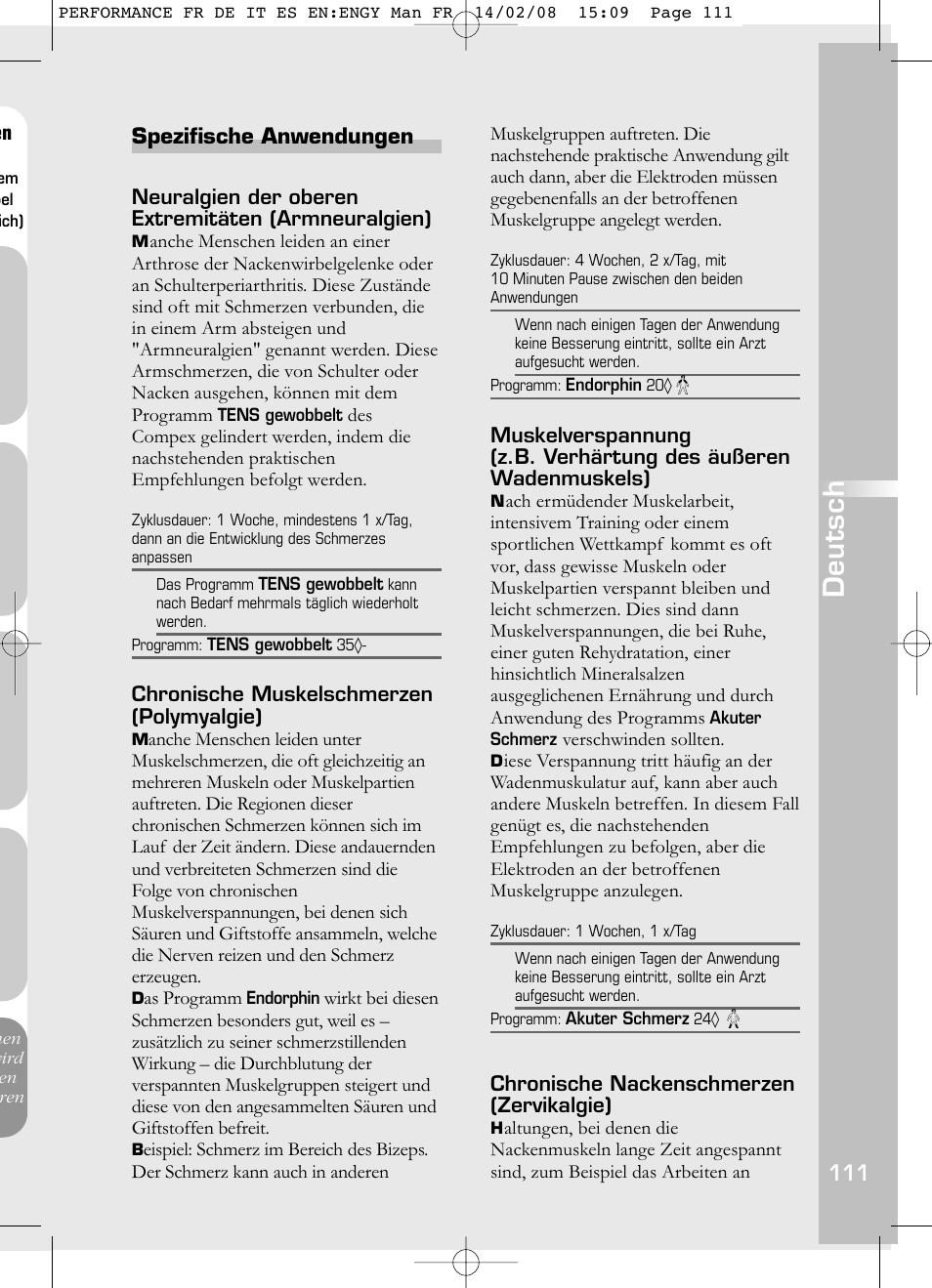 Deutsch, Spezifische anwendungen | Compex Performance User Manual | Page 113 / 313