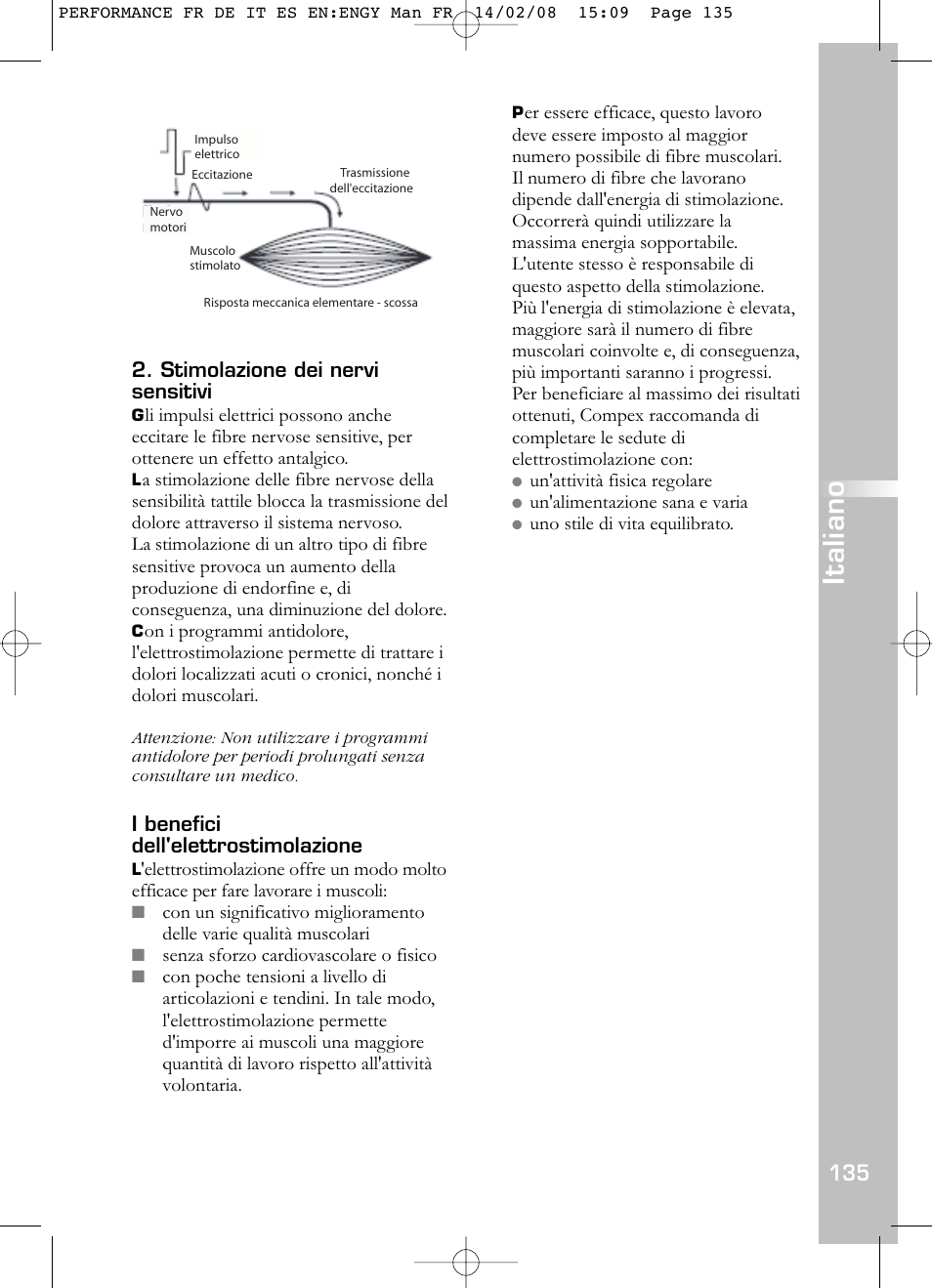 Italiano, Stimolazione dei nervi sensitivi, I benefici dell'elettrostimolazione | Compex Performance User Manual | Page 137 / 313
