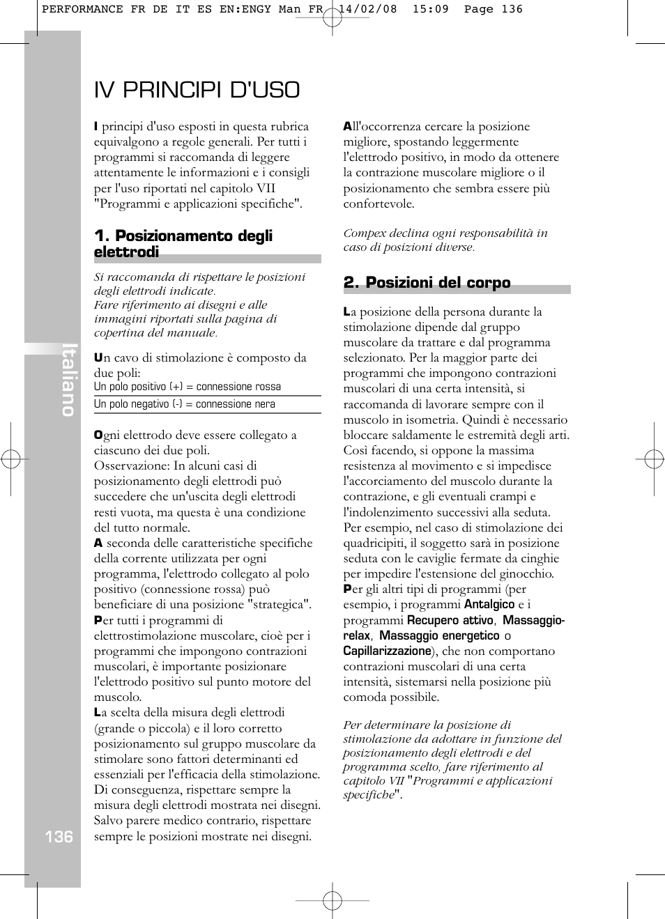 Iv principi d'uso, Italiano, Posizionamento degli elettrodi | Posizioni del corpo | Compex Performance User Manual | Page 138 / 313