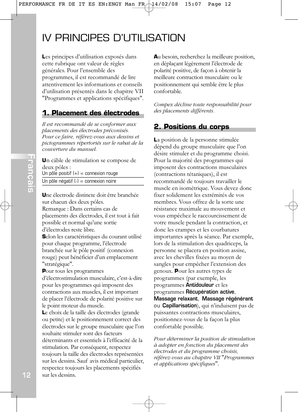 Iv principes d’utilisation, Français, Placement des électrodes | Positions du corps | Compex Performance User Manual | Page 14 / 313