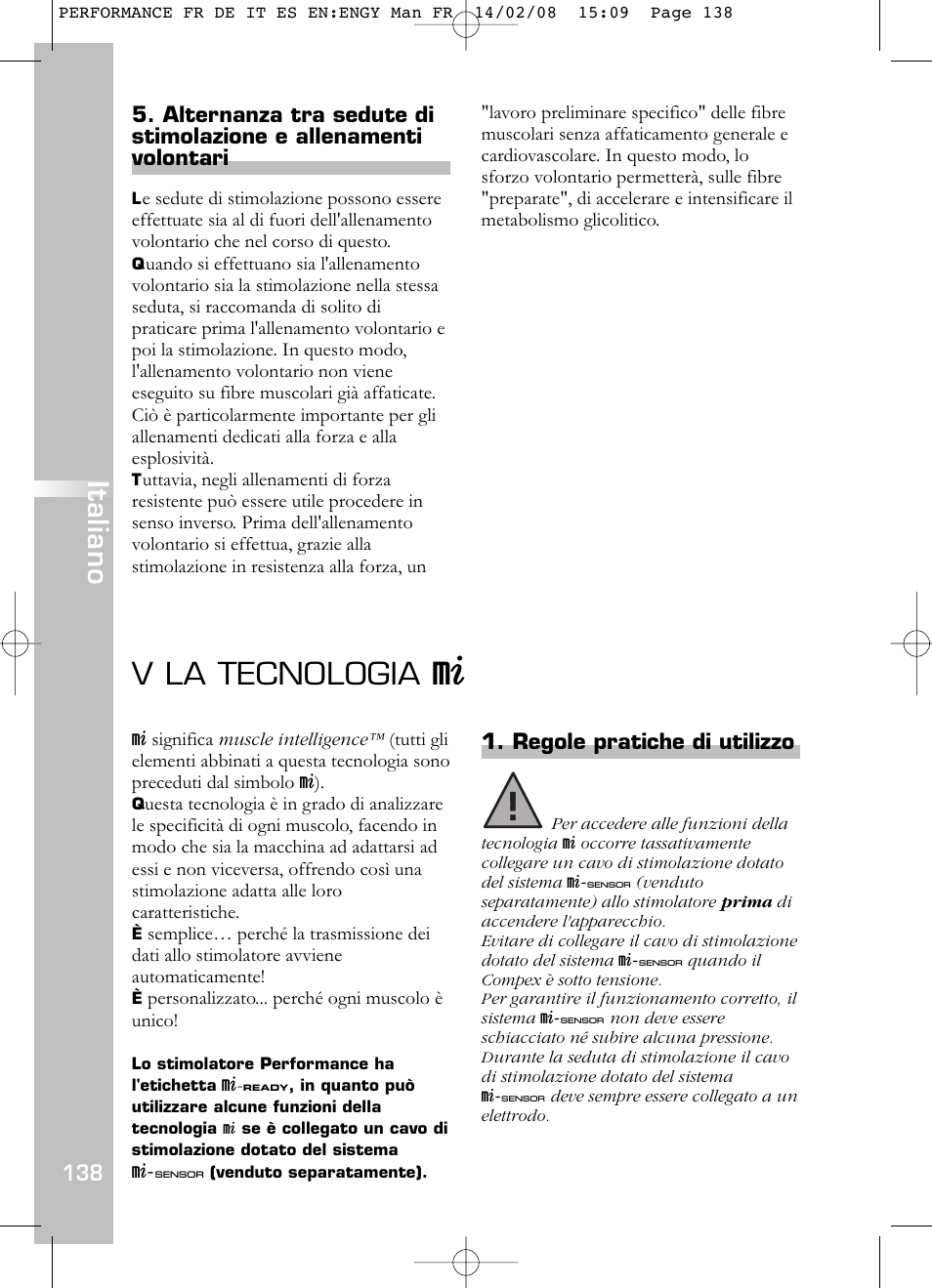 V la tecnologia, Italiano | Compex Performance User Manual | Page 140 / 313