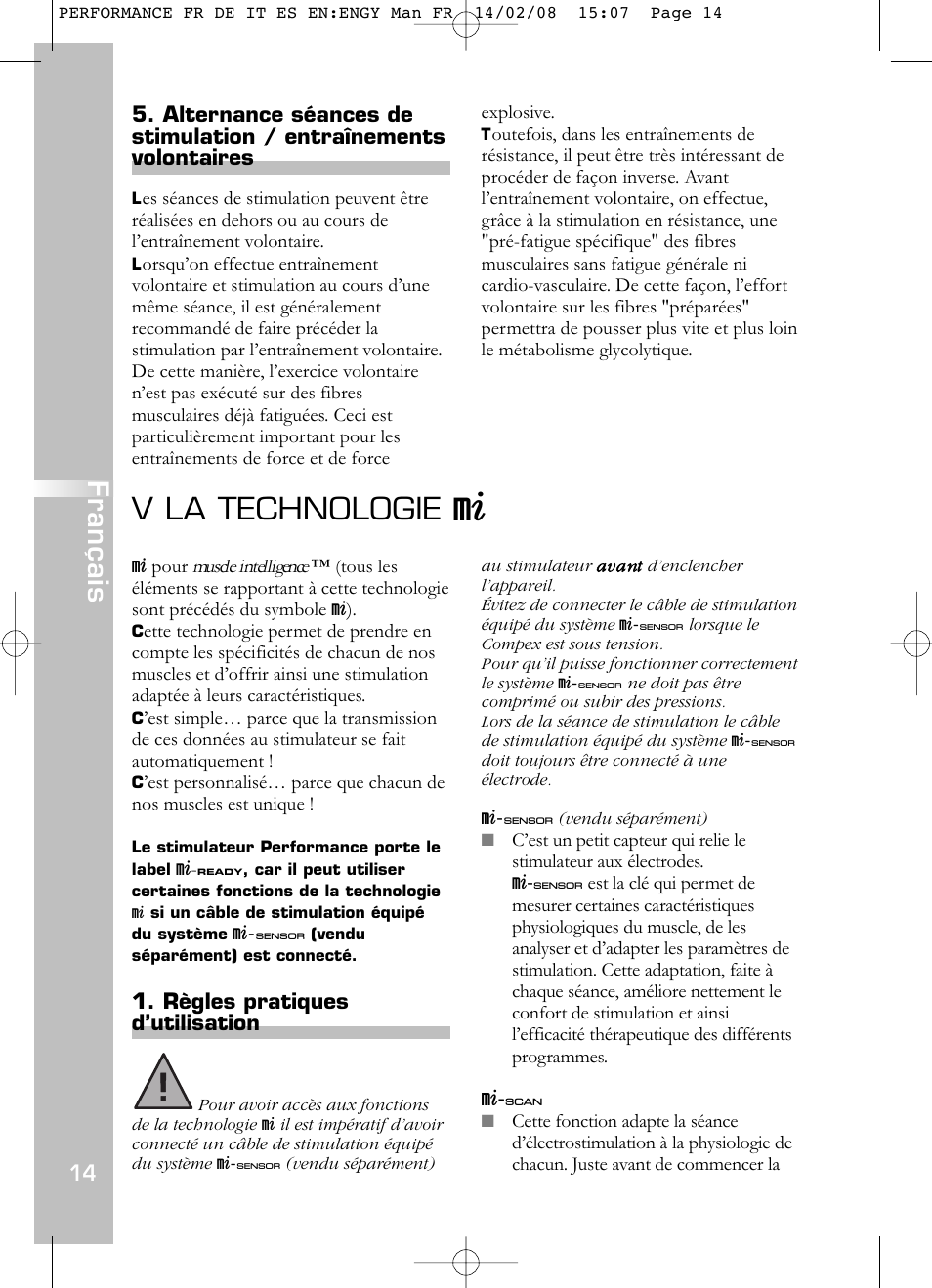 V la technologie, Français | Compex Performance User Manual | Page 16 / 313