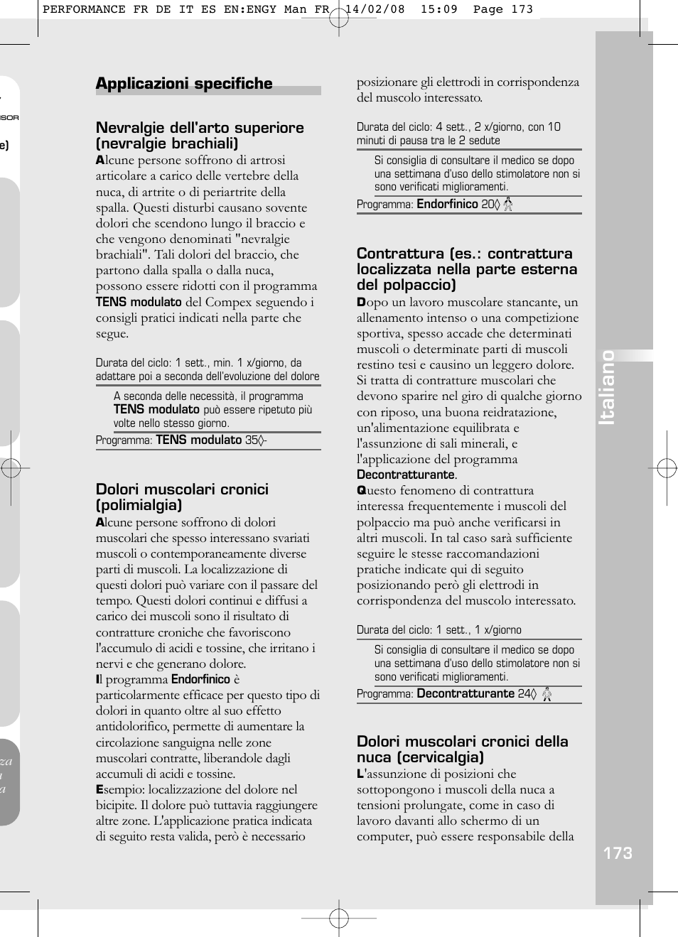 Italiano, Applicazioni specifiche | Compex Performance User Manual | Page 175 / 313