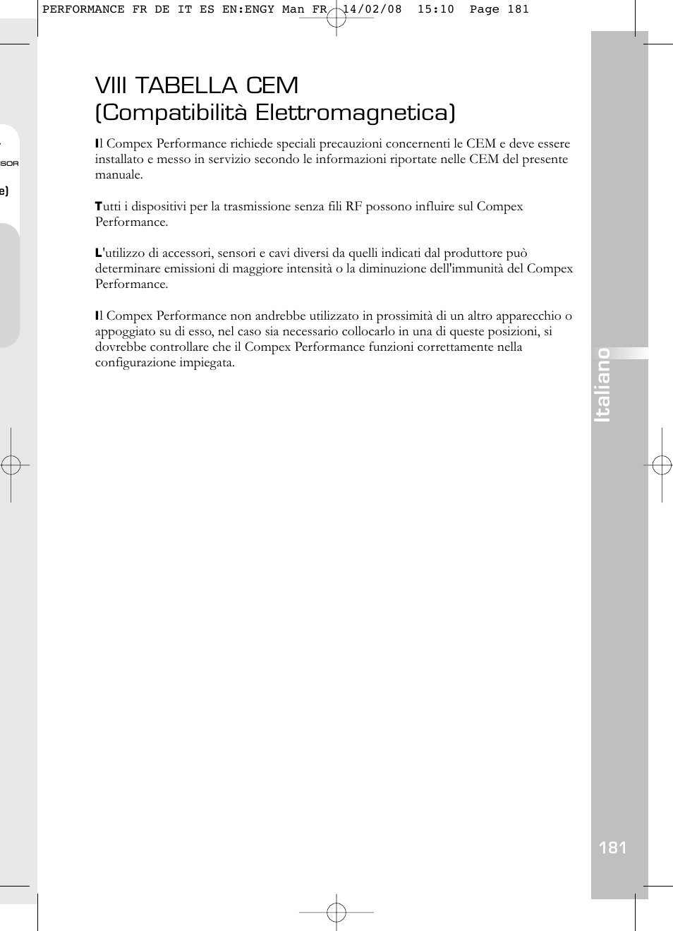 Viii tabella cem (compatibilità elettromagnetica), Italiano | Compex Performance User Manual | Page 183 / 313