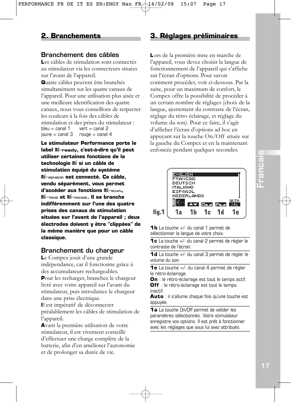 Français, Branchements, Réglages préliminaires | Compex Performance User Manual | Page 19 / 313