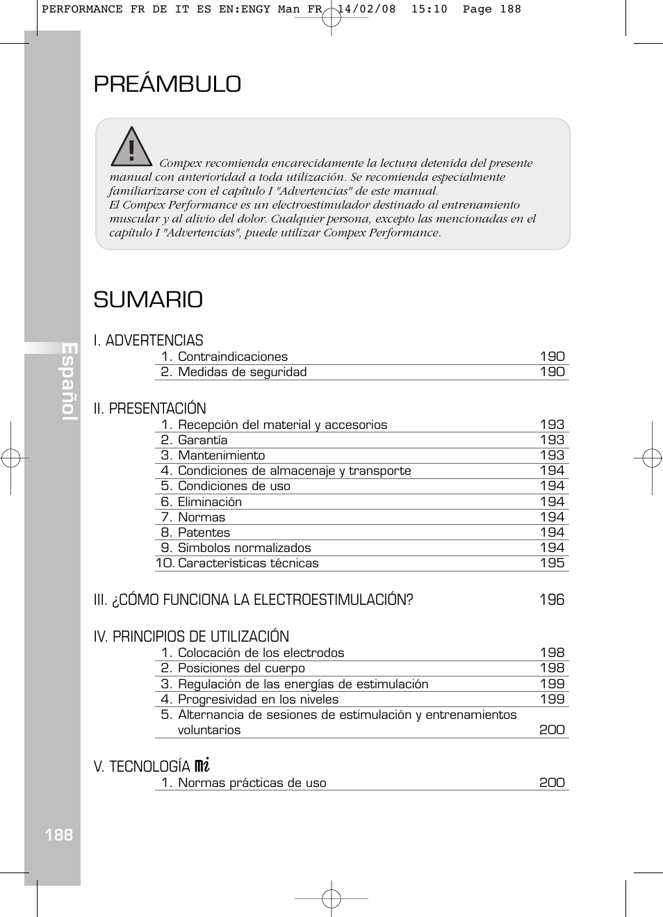 Sumario, Preámbulo, Español | Compex Performance User Manual | Page 190 / 313