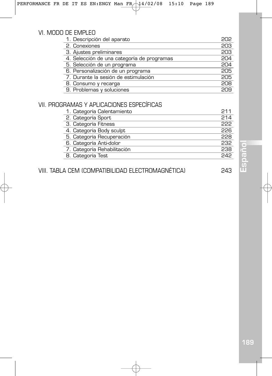 Español, Vi. modo de empleo, Vii. programas y aplicaciones específicas | Compex Performance User Manual | Page 191 / 313