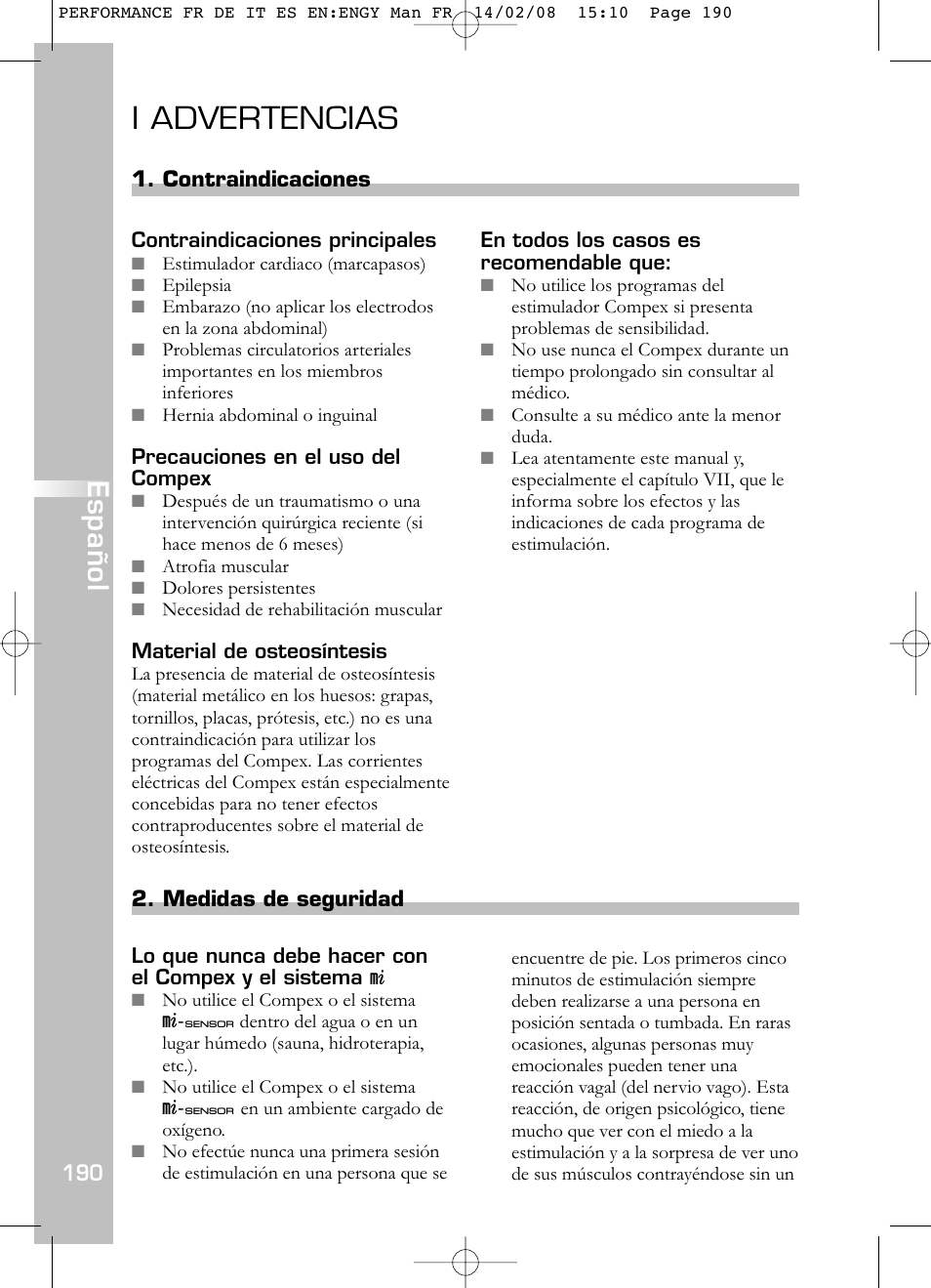 I advertencias, Español | Compex Performance User Manual | Page 192 / 313