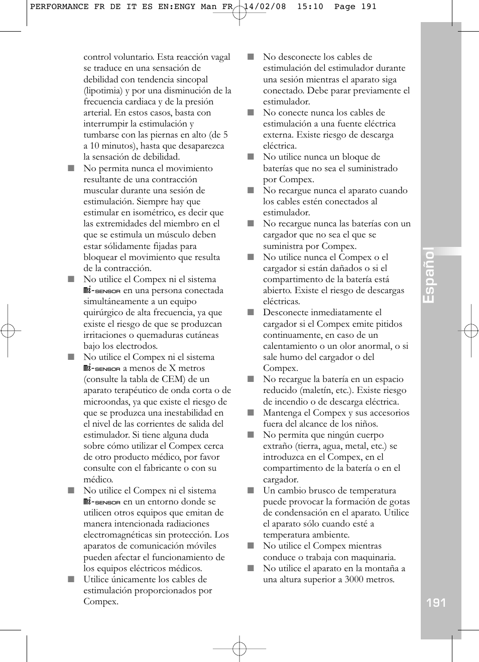 Español | Compex Performance User Manual | Page 193 / 313