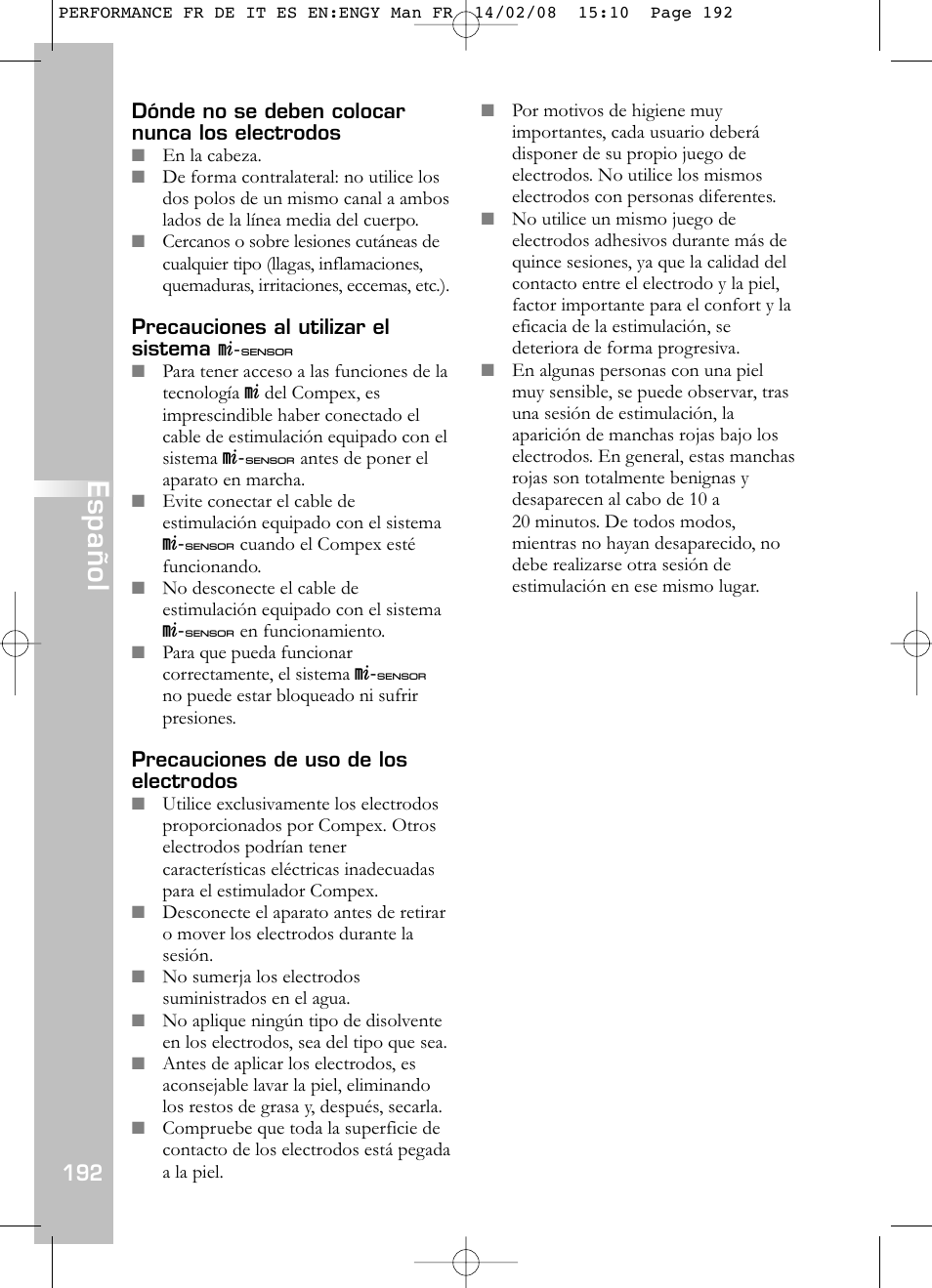 Español | Compex Performance User Manual | Page 194 / 313