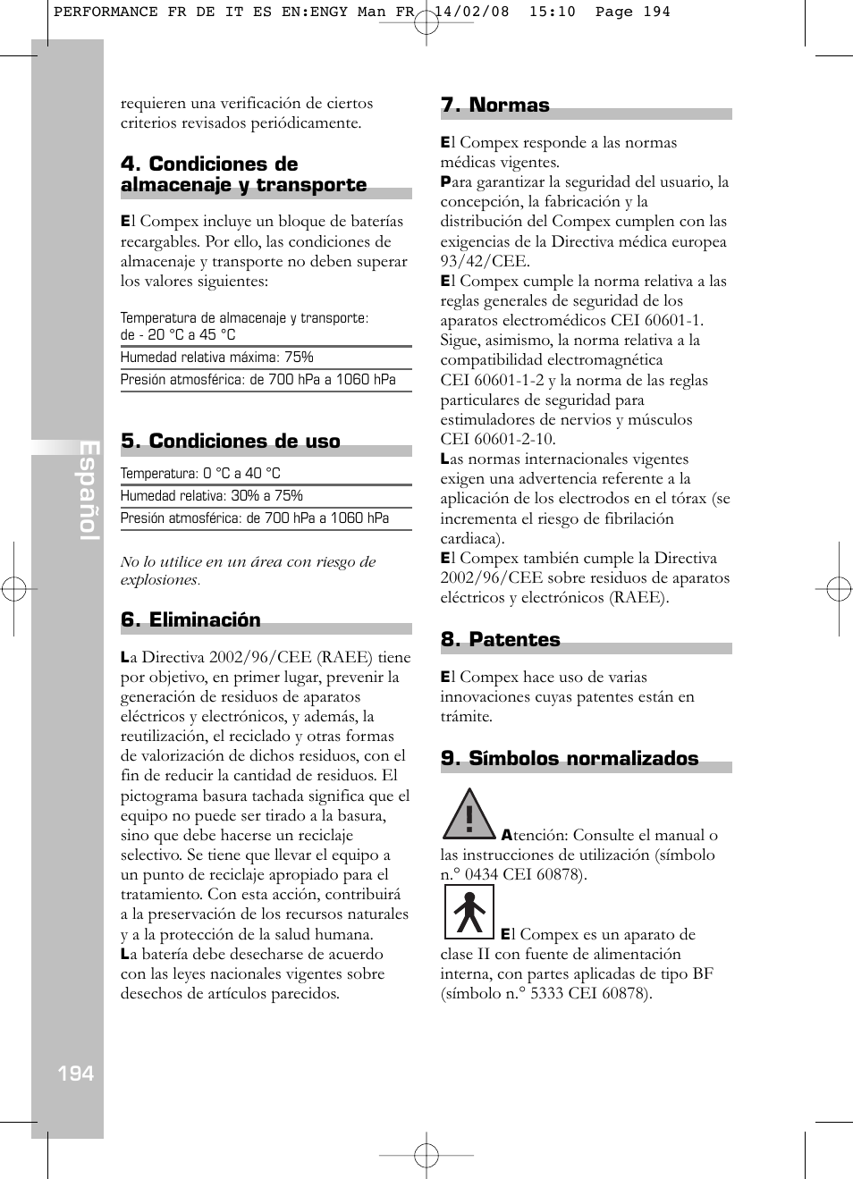 Español, Condiciones de almacenaje y transporte, Condiciones de uso | Eliminación, Normas, Patentes, Símbolos normalizados | Compex Performance User Manual | Page 196 / 313