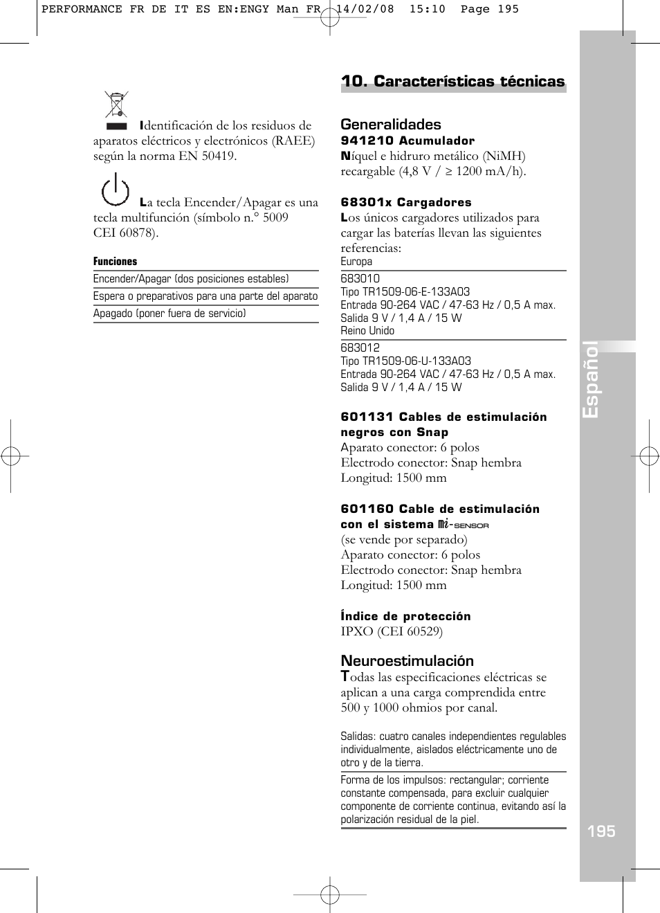Español, Características técnicas | Compex Performance User Manual | Page 197 / 313