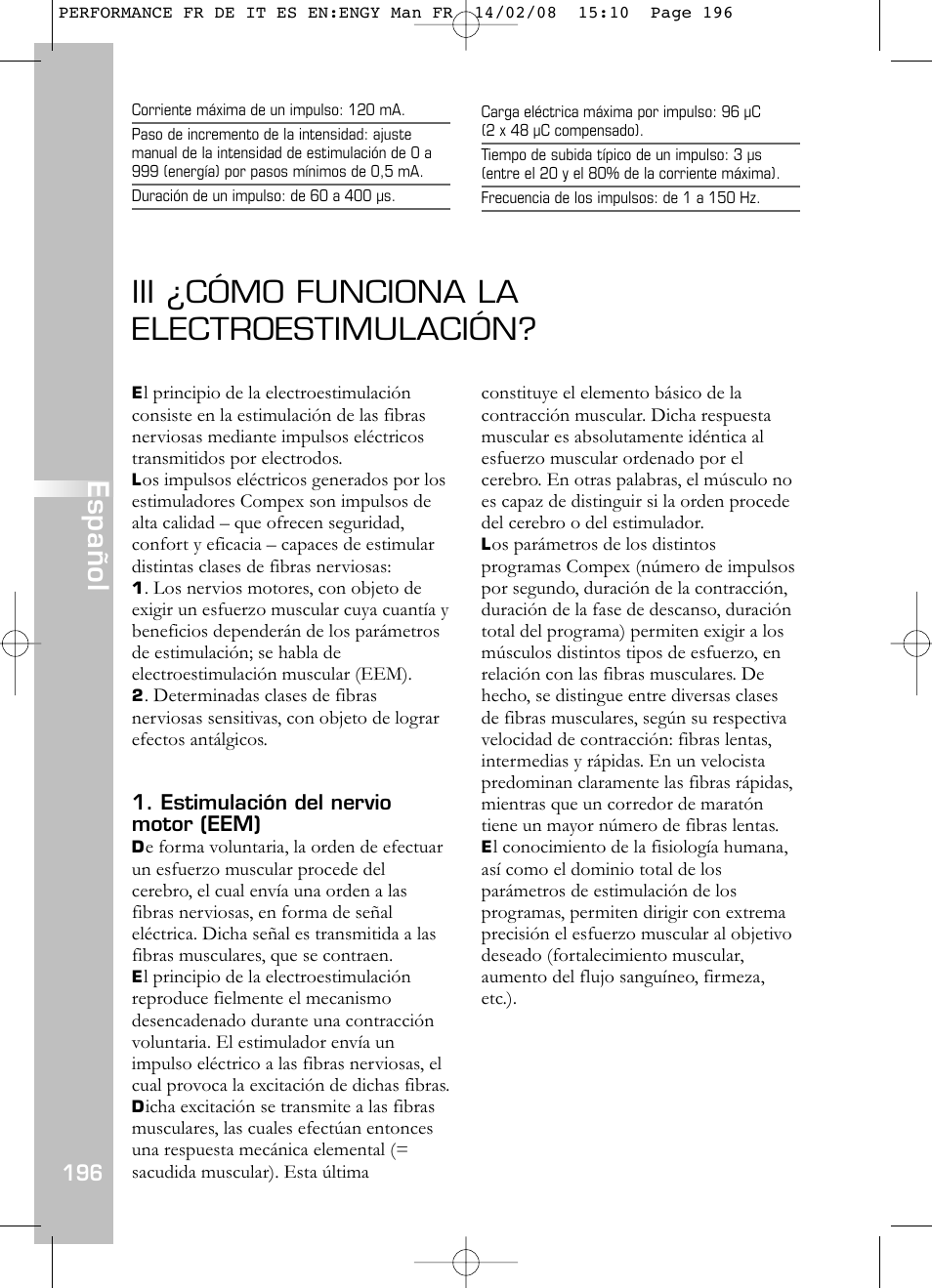 Iii ¿cómo funciona la electroestimulación, Español | Compex Performance User Manual | Page 198 / 313