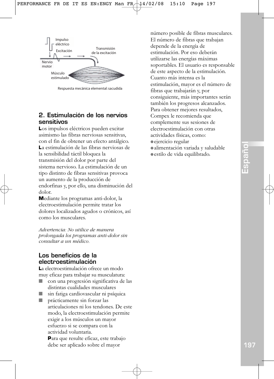 Español, Estimulación de los nervios sensitivos, Los beneficios de la electroestimulación | Compex Performance User Manual | Page 199 / 313
