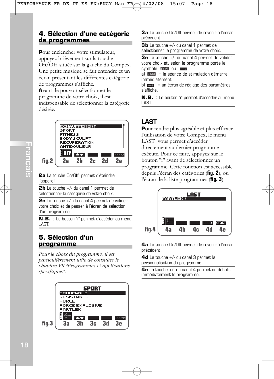 Français, Sélection d’une catégorie de programmes, Sélection d’un programme | Compex Performance User Manual | Page 20 / 313