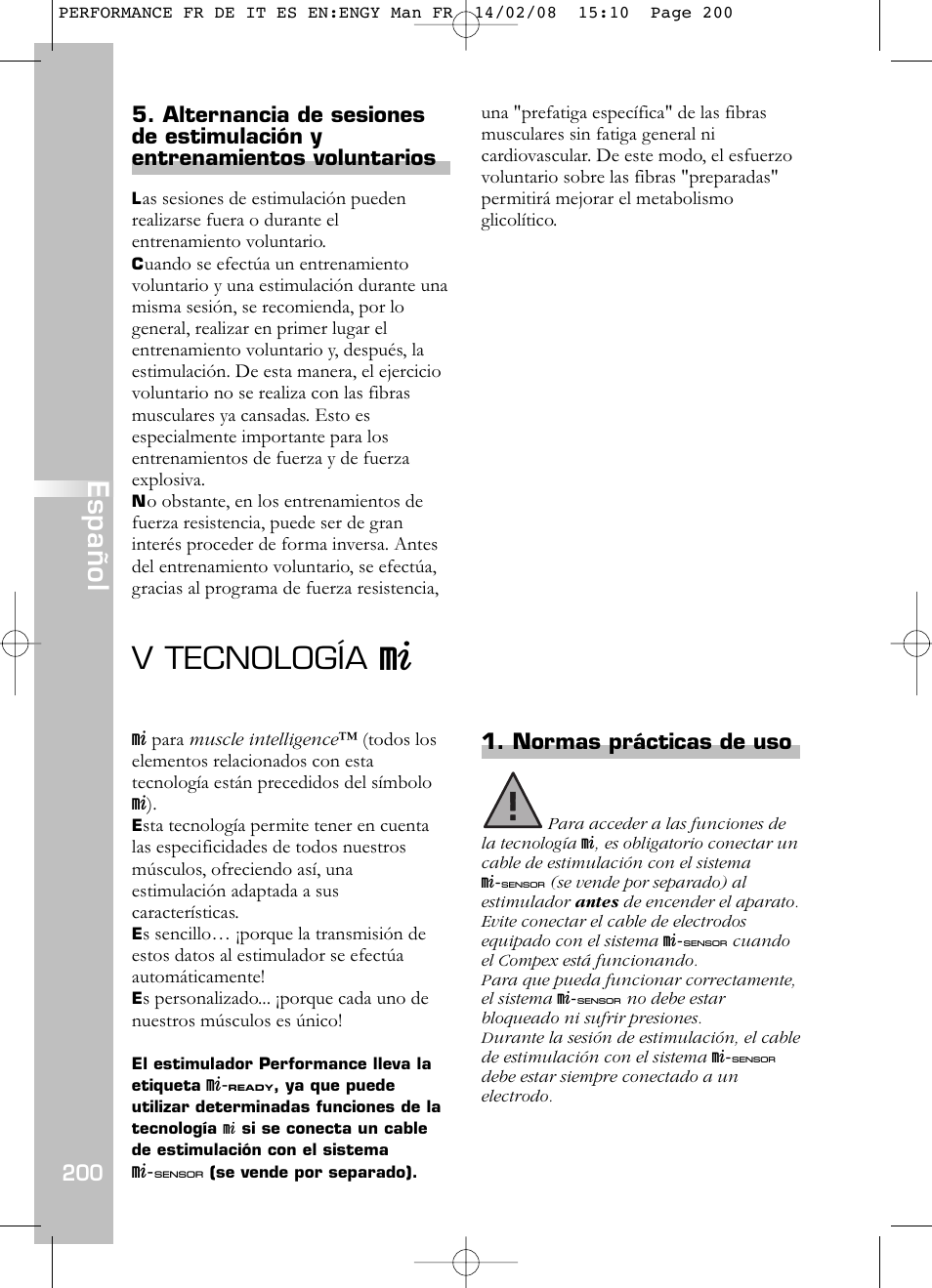 V tecnología, Español | Compex Performance User Manual | Page 202 / 313