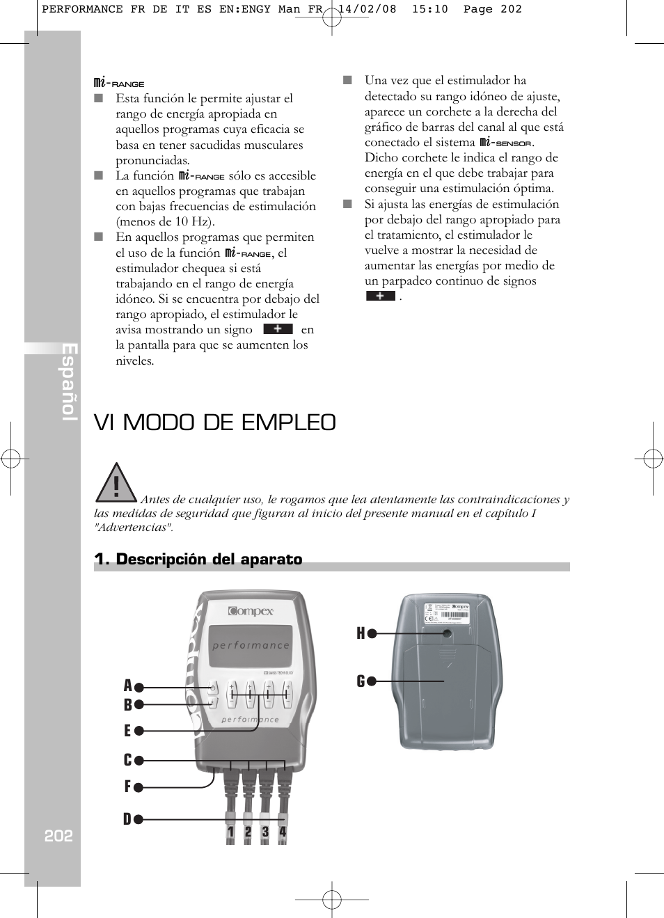 Vi modo de empleo, Español | Compex Performance User Manual | Page 204 / 313