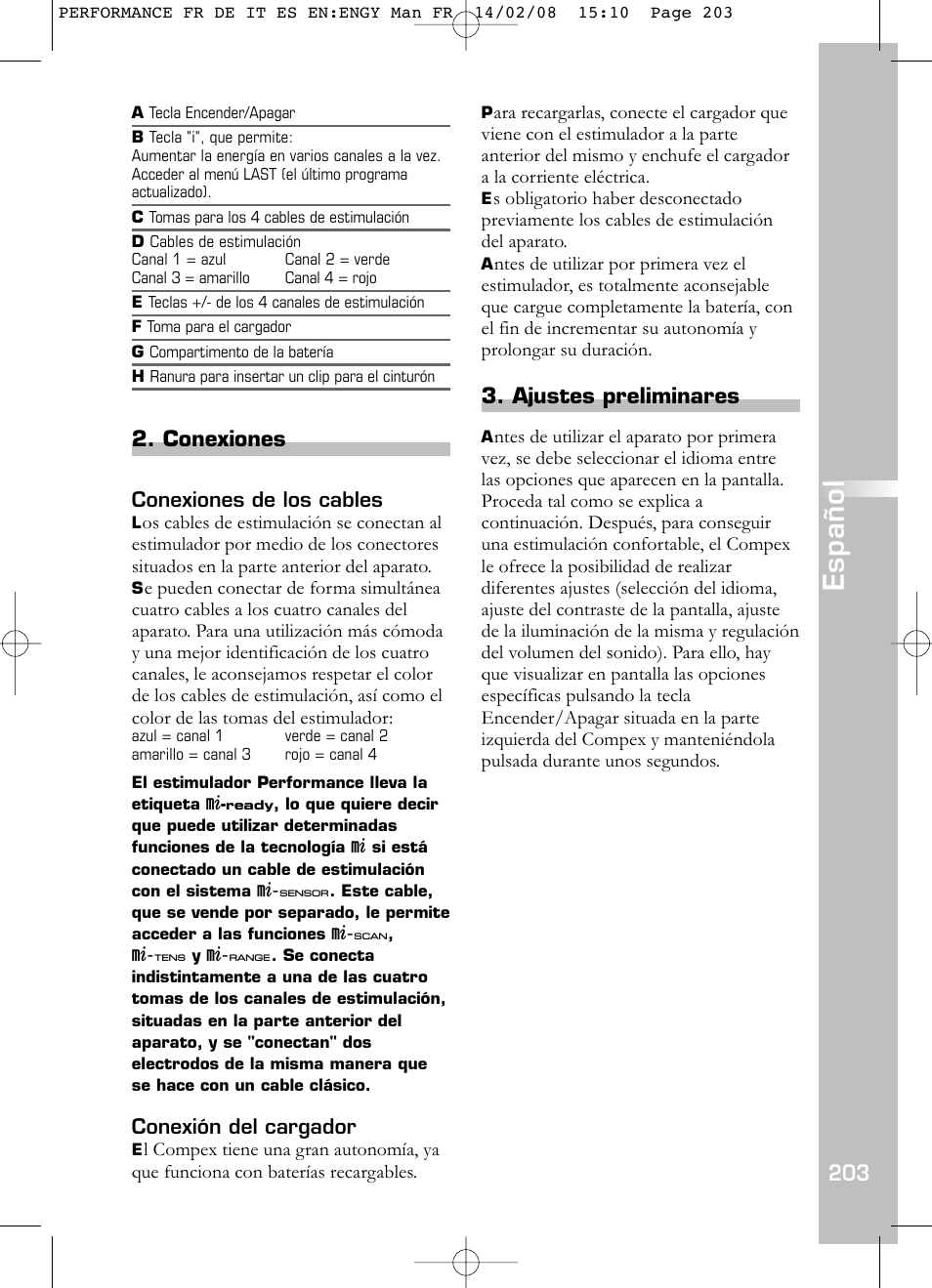 Español, Conexiones, Ajustes preliminares | Compex Performance User Manual | Page 205 / 313