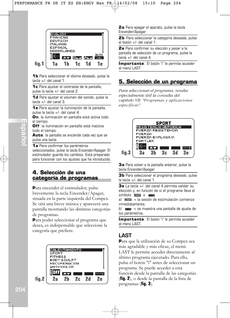 Español, Selección de una categoría de programas, Selección de un programa | Compex Performance User Manual | Page 206 / 313
