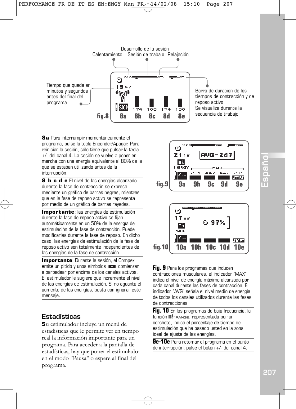 Español, Estadísticas | Compex Performance User Manual | Page 209 / 313