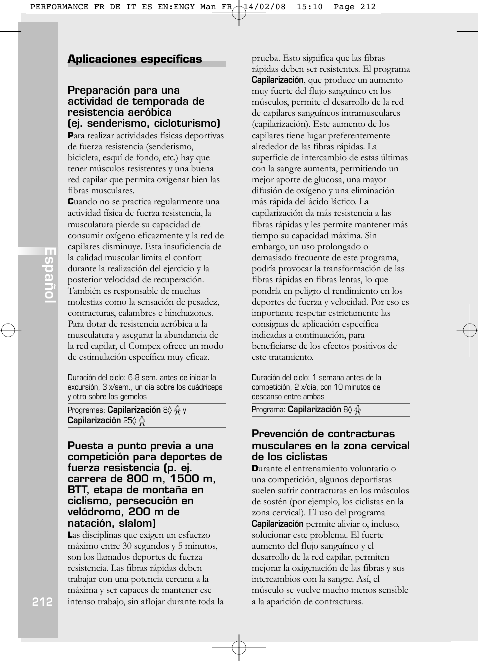 Español | Compex Performance User Manual | Page 214 / 313