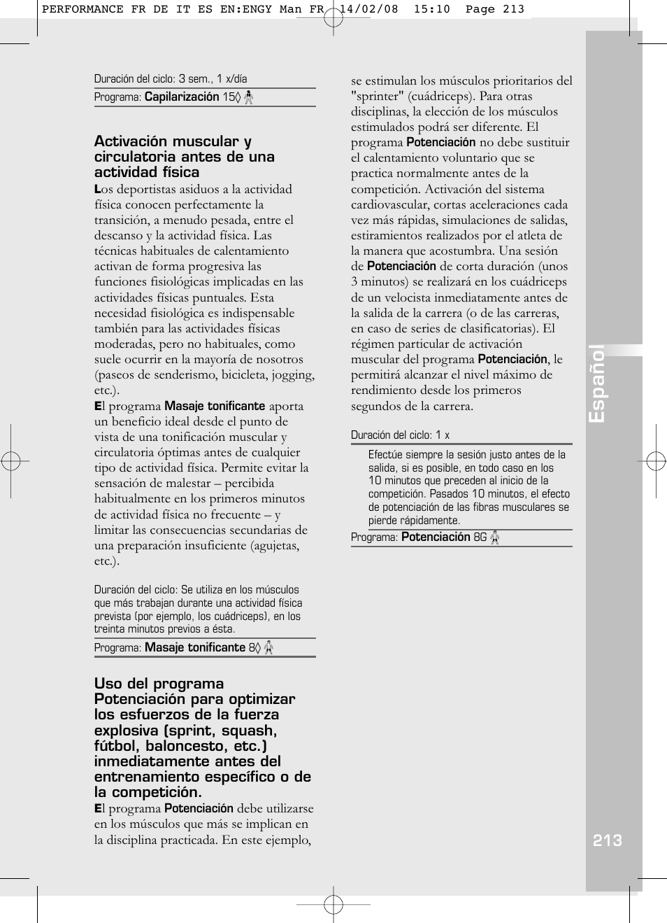 Español | Compex Performance User Manual | Page 215 / 313
