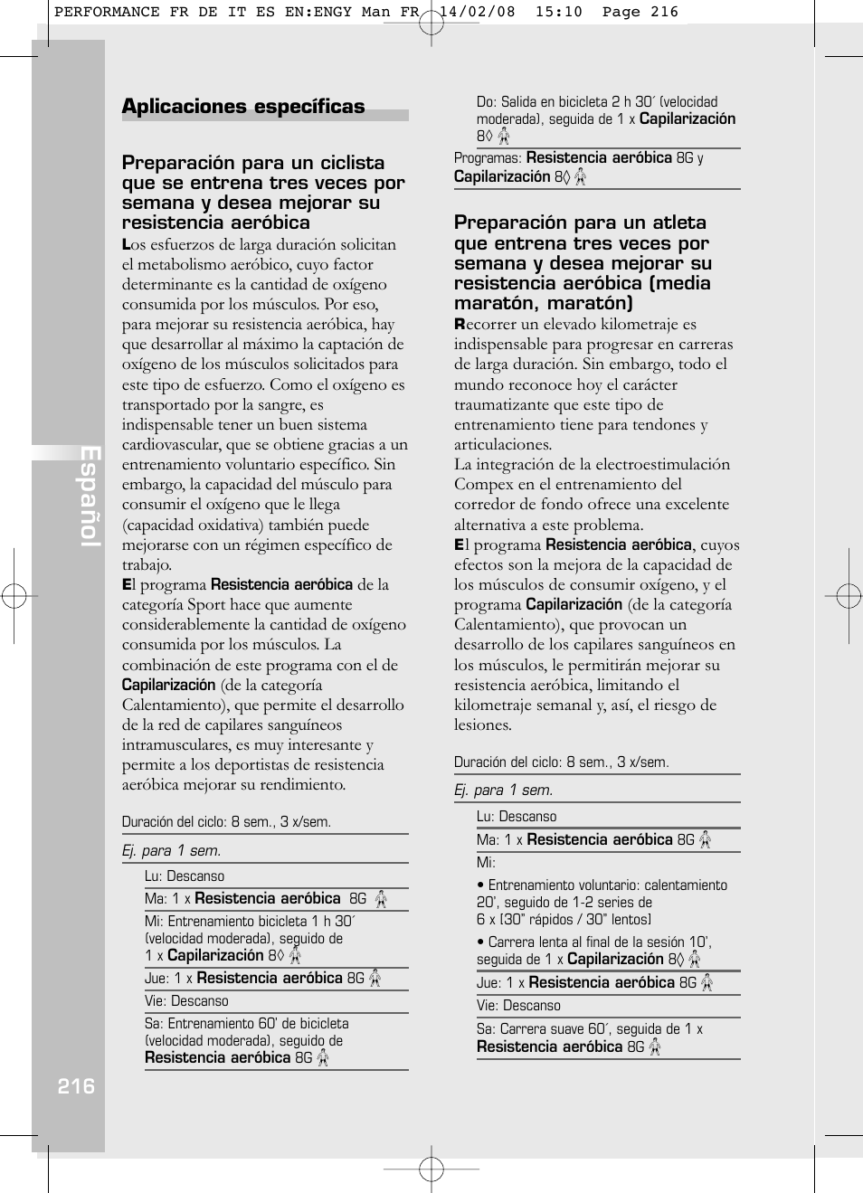 Español, Aplicaciones específicas | Compex Performance User Manual | Page 218 / 313