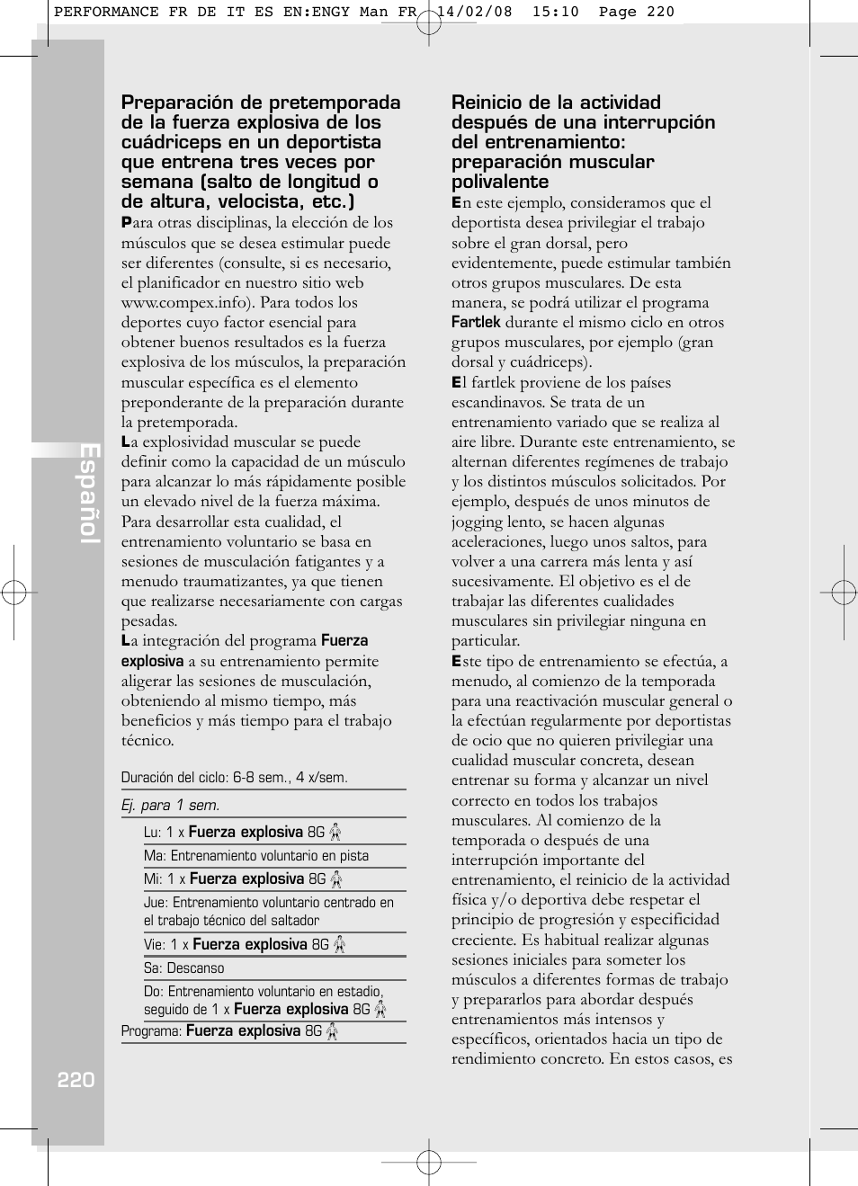 Español | Compex Performance User Manual | Page 222 / 313