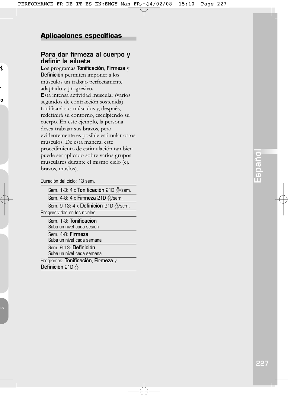 Español, Aplicaciones específicas | Compex Performance User Manual | Page 229 / 313