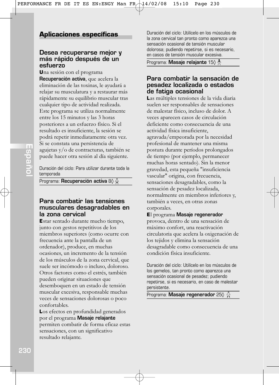 Español | Compex Performance User Manual | Page 232 / 313
